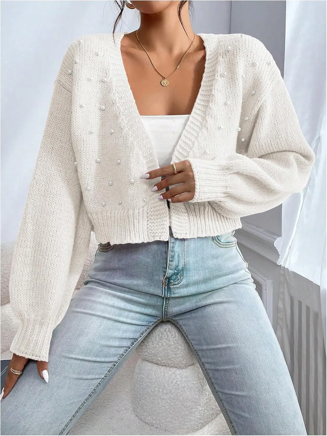 SHENHE Women's Pearl Beaded Open Front V Neck Drop Shoulder Cropped Cardigan Sweater