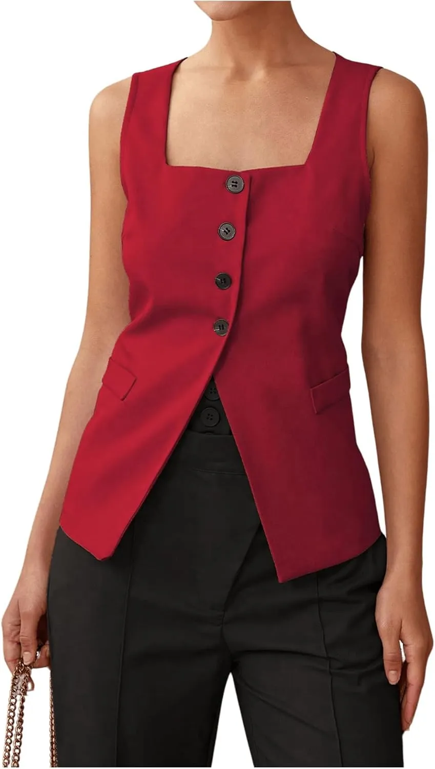 SHENHE Women's Sleeveless Long Vest Button Up Square Neck Fitted Blazer Vest Waistcoat with Pockets