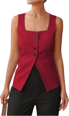 SHENHE Women's Sleeveless Long Vest Button Up Square Neck Fitted Blazer Vest Waistcoat with Pockets