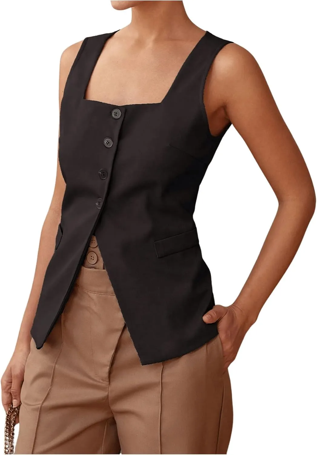 SHENHE Women's Sleeveless Long Vest Button Up Square Neck Fitted Blazer Vest Waistcoat with Pockets