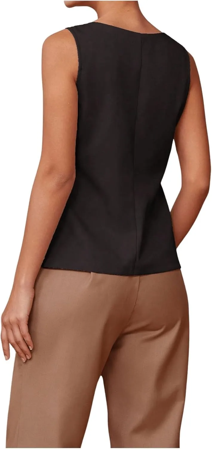 SHENHE Women's Sleeveless Long Vest Button Up Square Neck Fitted Blazer Vest Waistcoat with Pockets