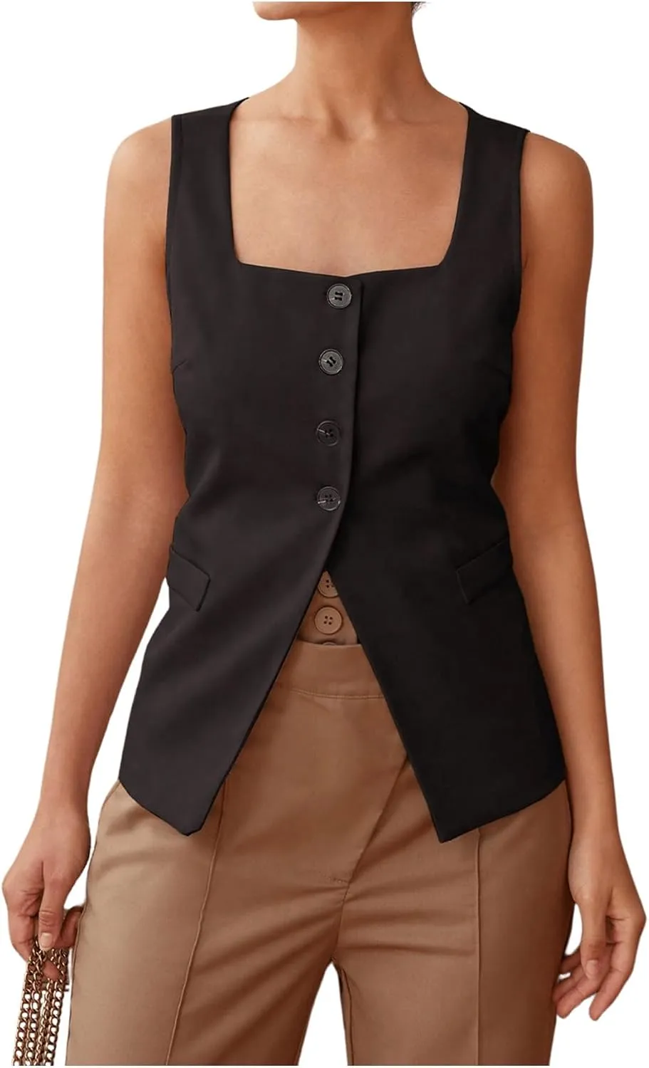 SHENHE Women's Sleeveless Long Vest Button Up Square Neck Fitted Blazer Vest Waistcoat with Pockets