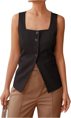 SHENHE Women's Sleeveless Long Vest Button Up Square Neck Fitted Blazer Vest Waistcoat with Pockets