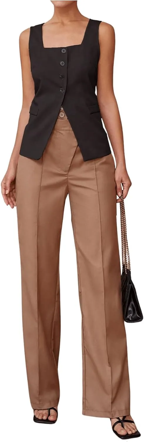 SHENHE Women's Sleeveless Long Vest Button Up Square Neck Fitted Blazer Vest Waistcoat with Pockets