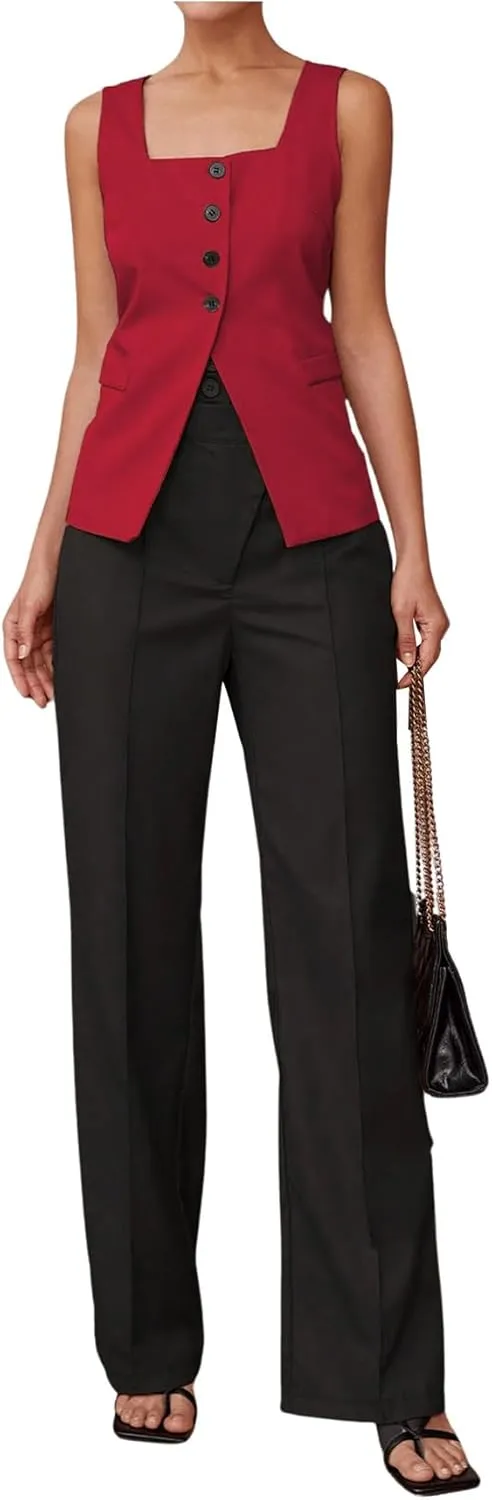 SHENHE Women's Sleeveless Long Vest Button Up Square Neck Fitted Blazer Vest Waistcoat with Pockets