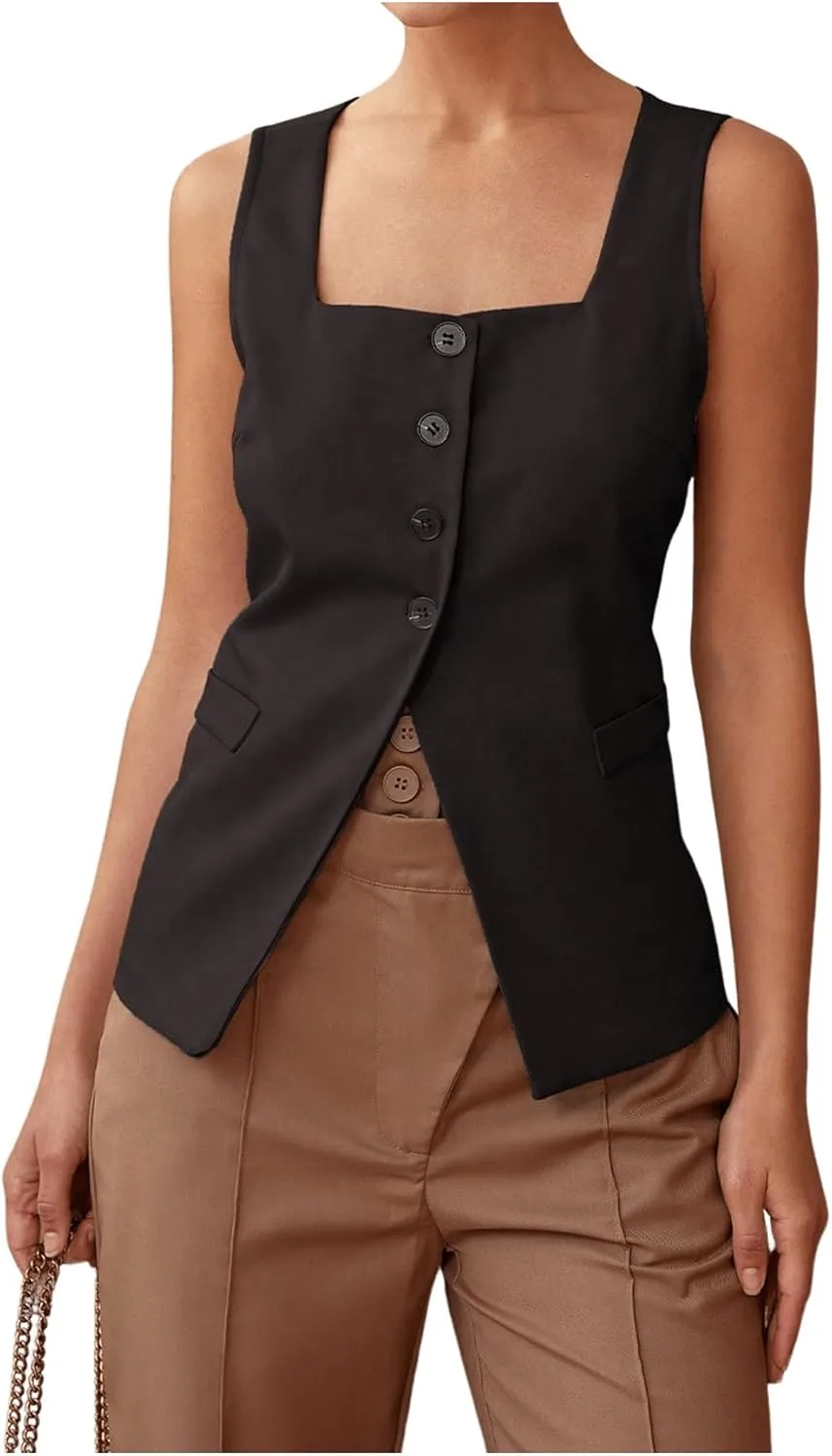 SHENHE Women's Sleeveless Long Vest Button Up Square Neck Fitted Blazer Vest Waistcoat with Pockets