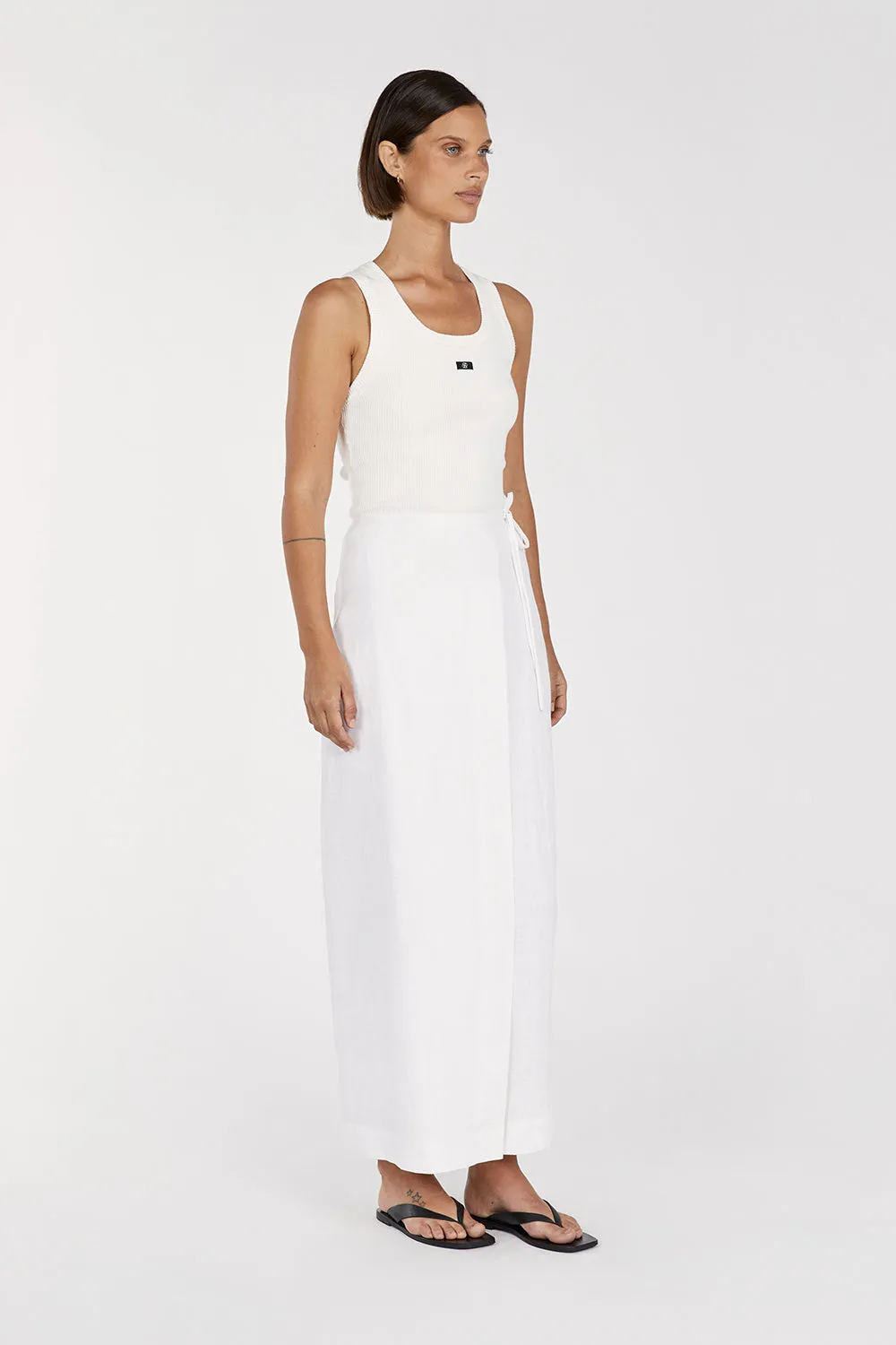 SKYE WHITE LINEN WRAP MIDI SKIRT