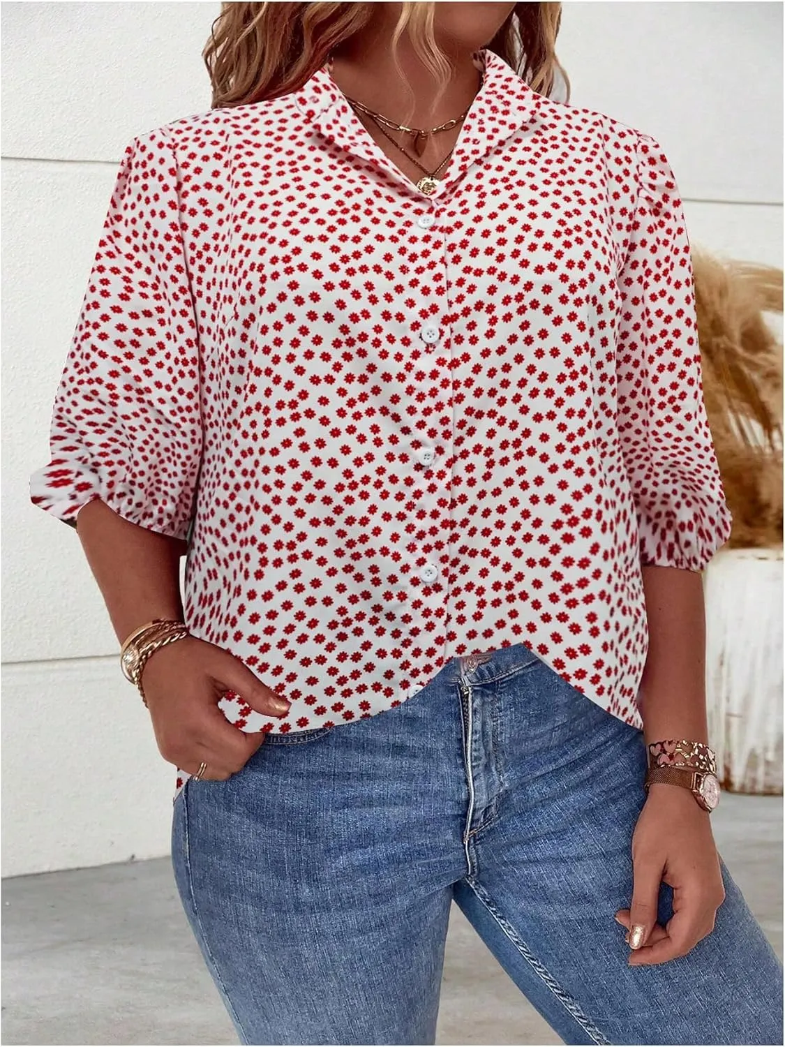 SOLY HUX Women's Plus Size Floral Print Tops Bishop Half Sleeve Button Down Shirt Blouse