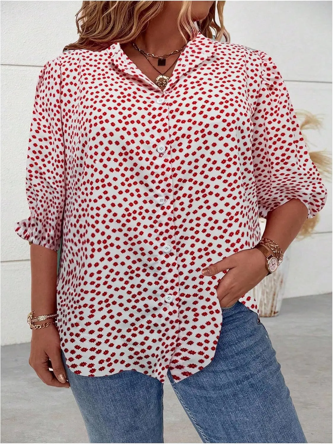 SOLY HUX Women's Plus Size Floral Print Tops Bishop Half Sleeve Button Down Shirt Blouse
