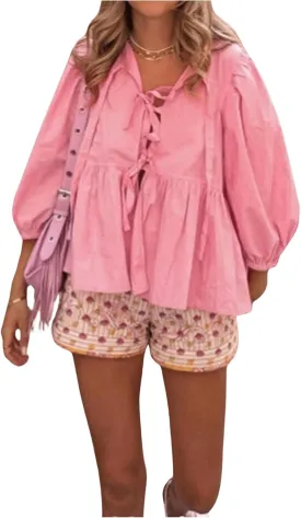 SOLY HUX Women's Tie Front Blouse Bishop 3/4 Sleeve Ruffle Hem Casual Tops