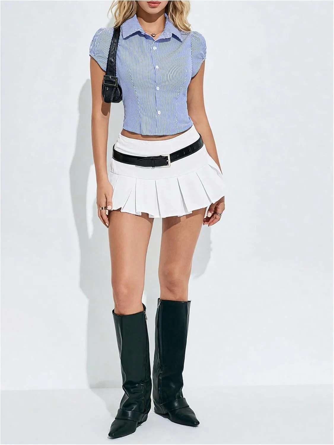 SweatyRocks Women's Striped Button Down Slim Fit Blouse Cap Sleeve Collar Summer Shirts