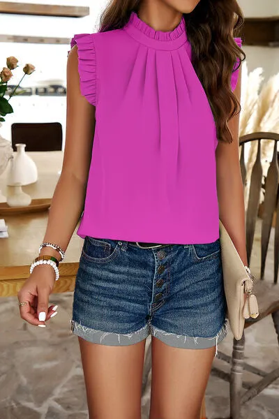 TEEK - Frill Ruched Mock Neck Sleeveless Blouse