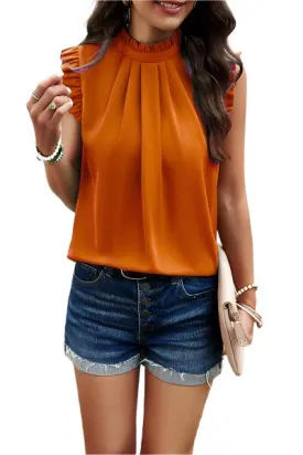 TEEK - Frill Ruched Mock Neck Sleeveless Blouse