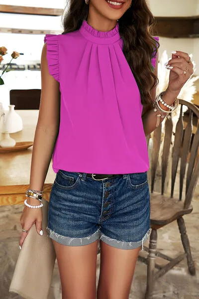 TEEK - Frill Ruched Mock Neck Sleeveless Blouse