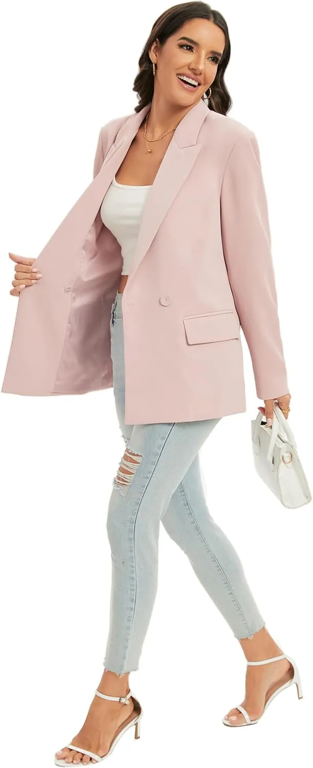 TRNY Women's Oversized Double-Breasted Suit Blazer Jacket Long Sleeve Casual Boyfriend Style Work Office Blazer with Pockets