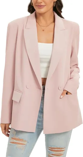 TRNY Women's Oversized Double-Breasted Suit Blazer Jacket Long Sleeve Casual Boyfriend Style Work Office Blazer with Pockets