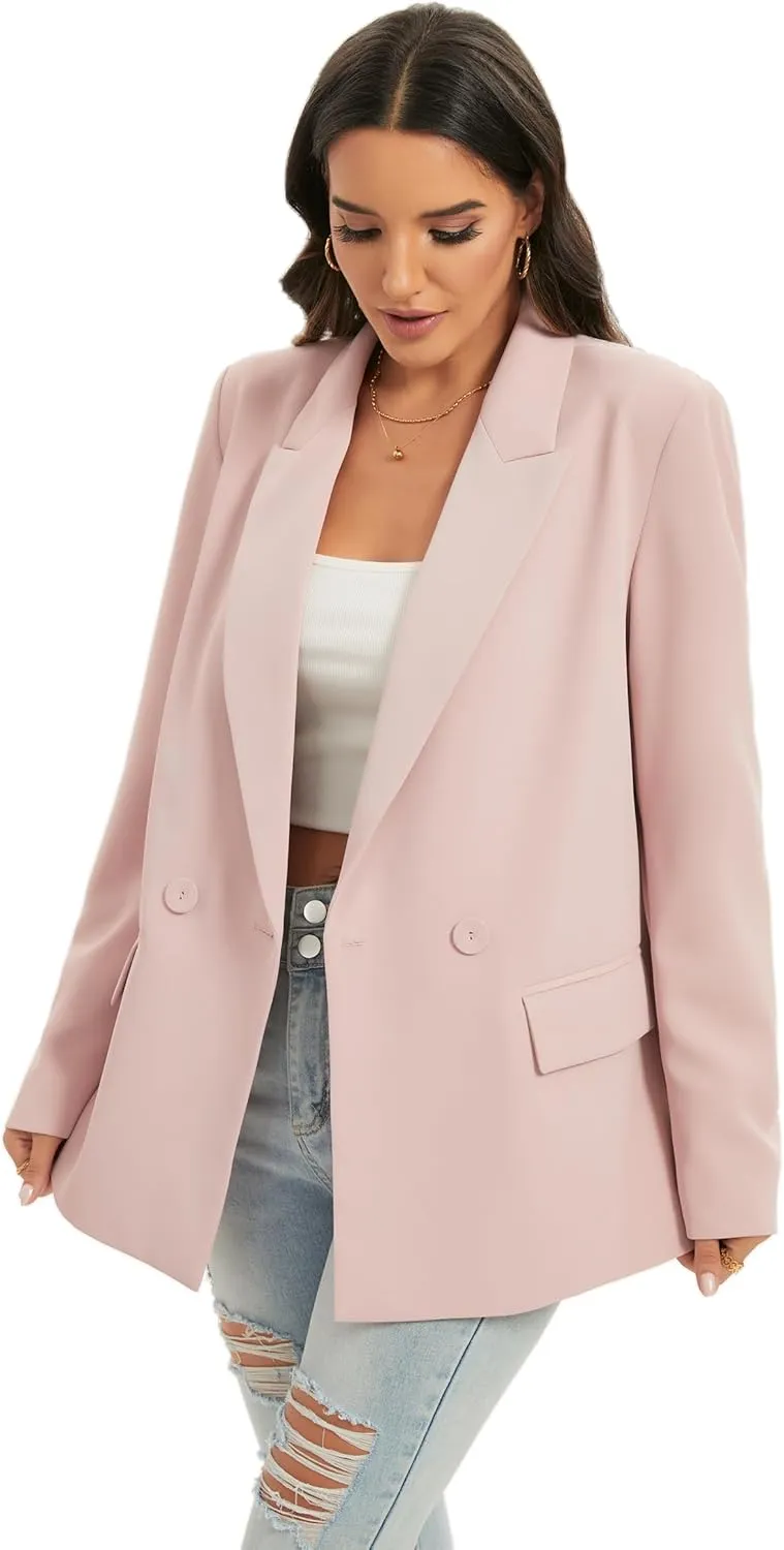 TRNY Women's Oversized Double-Breasted Suit Blazer Jacket Long Sleeve Casual Boyfriend Style Work Office Blazer with Pockets