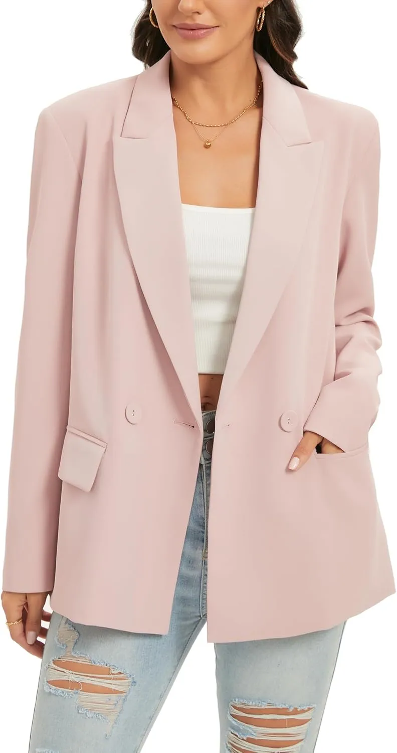 TRNY Women's Oversized Double-Breasted Suit Blazer Jacket Long Sleeve Casual Boyfriend Style Work Office Blazer with Pockets
