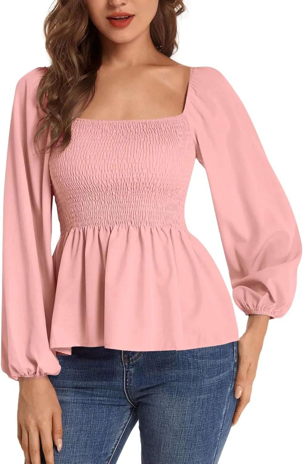 Umenlele Women's Long Sleeve Square Neck Shirred Ruched Ruffle Peplum Blouse Shirt Tops
