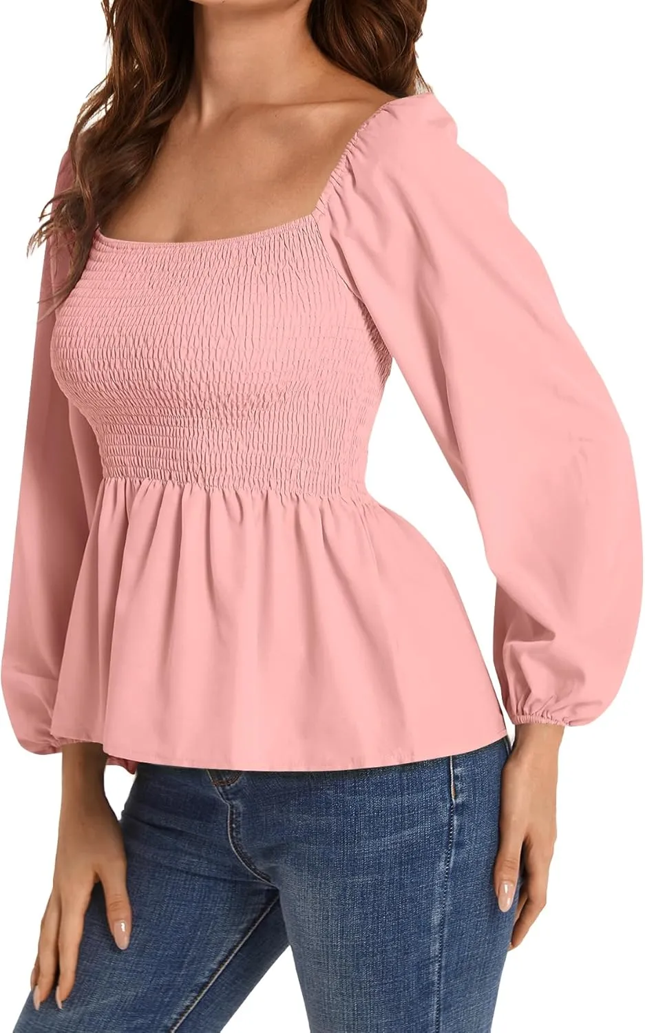 Umenlele Women's Long Sleeve Square Neck Shirred Ruched Ruffle Peplum Blouse Shirt Tops