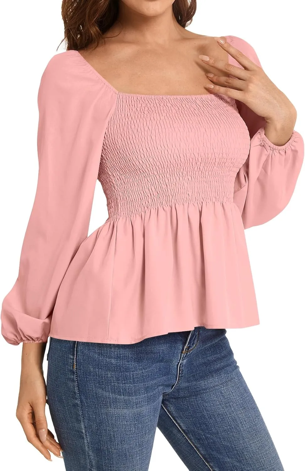 Umenlele Women's Long Sleeve Square Neck Shirred Ruched Ruffle Peplum Blouse Shirt Tops