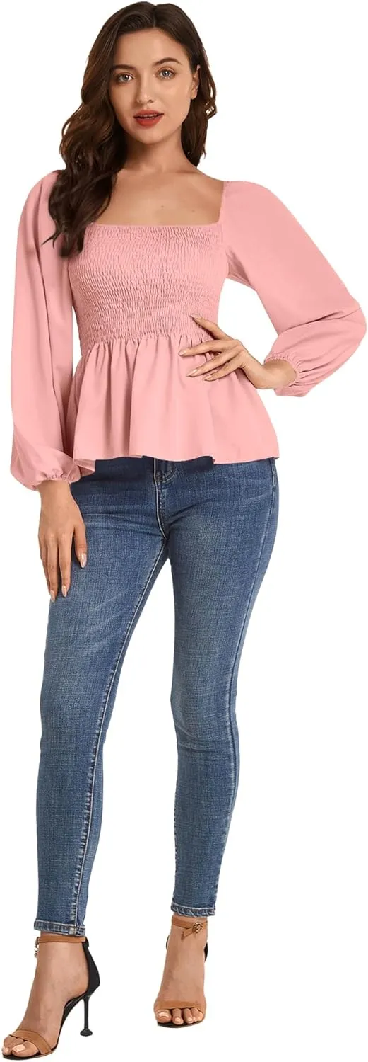 Umenlele Women's Long Sleeve Square Neck Shirred Ruched Ruffle Peplum Blouse Shirt Tops