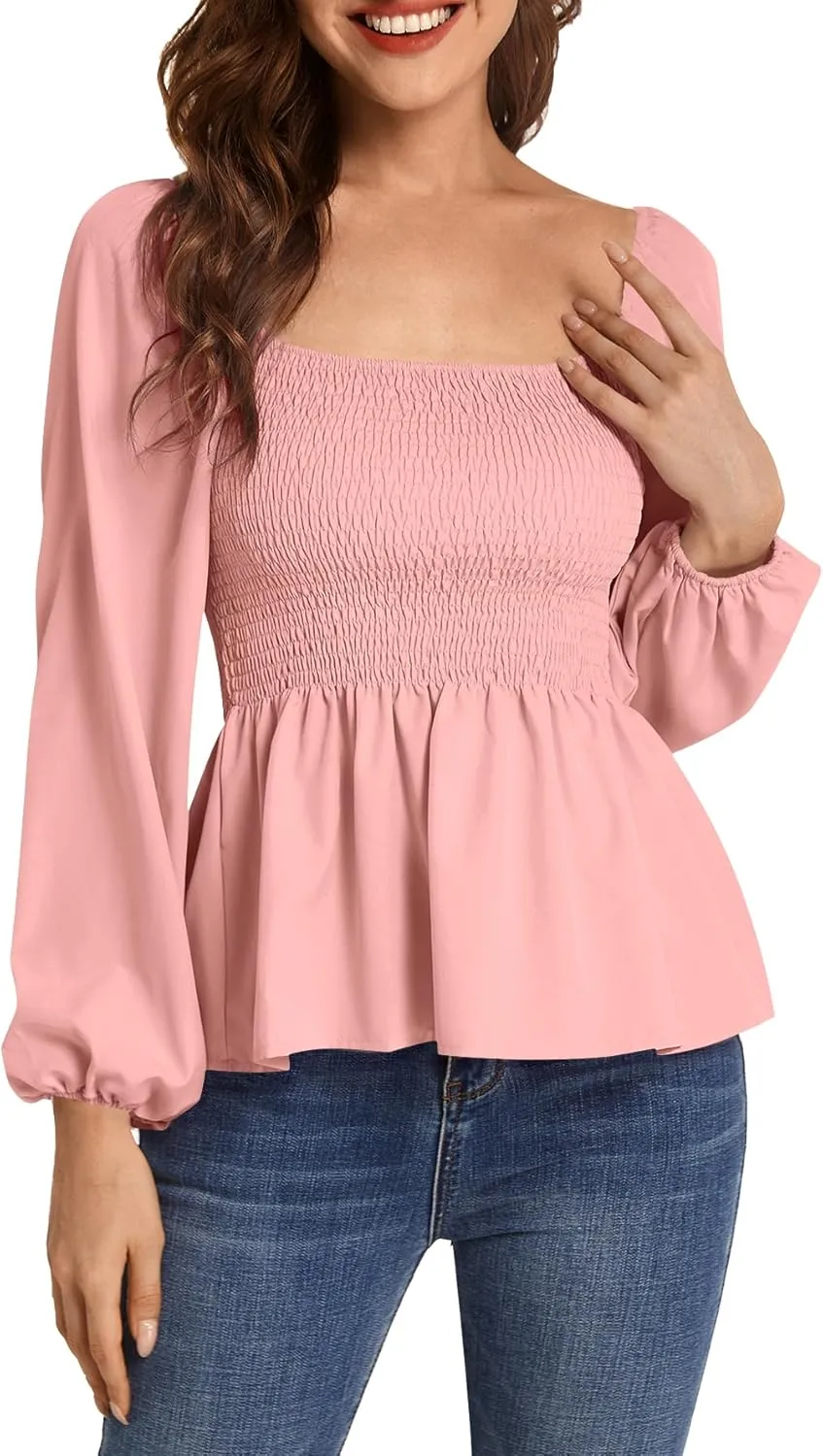 Umenlele Women's Long Sleeve Square Neck Shirred Ruched Ruffle Peplum Blouse Shirt Tops