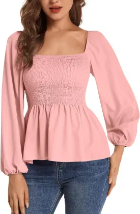 Umenlele Women's Long Sleeve Square Neck Shirred Ruched Ruffle Peplum Blouse Shirt Tops