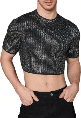 WDIRARA Men's Fishnet Mesh Tee Shirt Round Neck Short Sleeve Crop Top