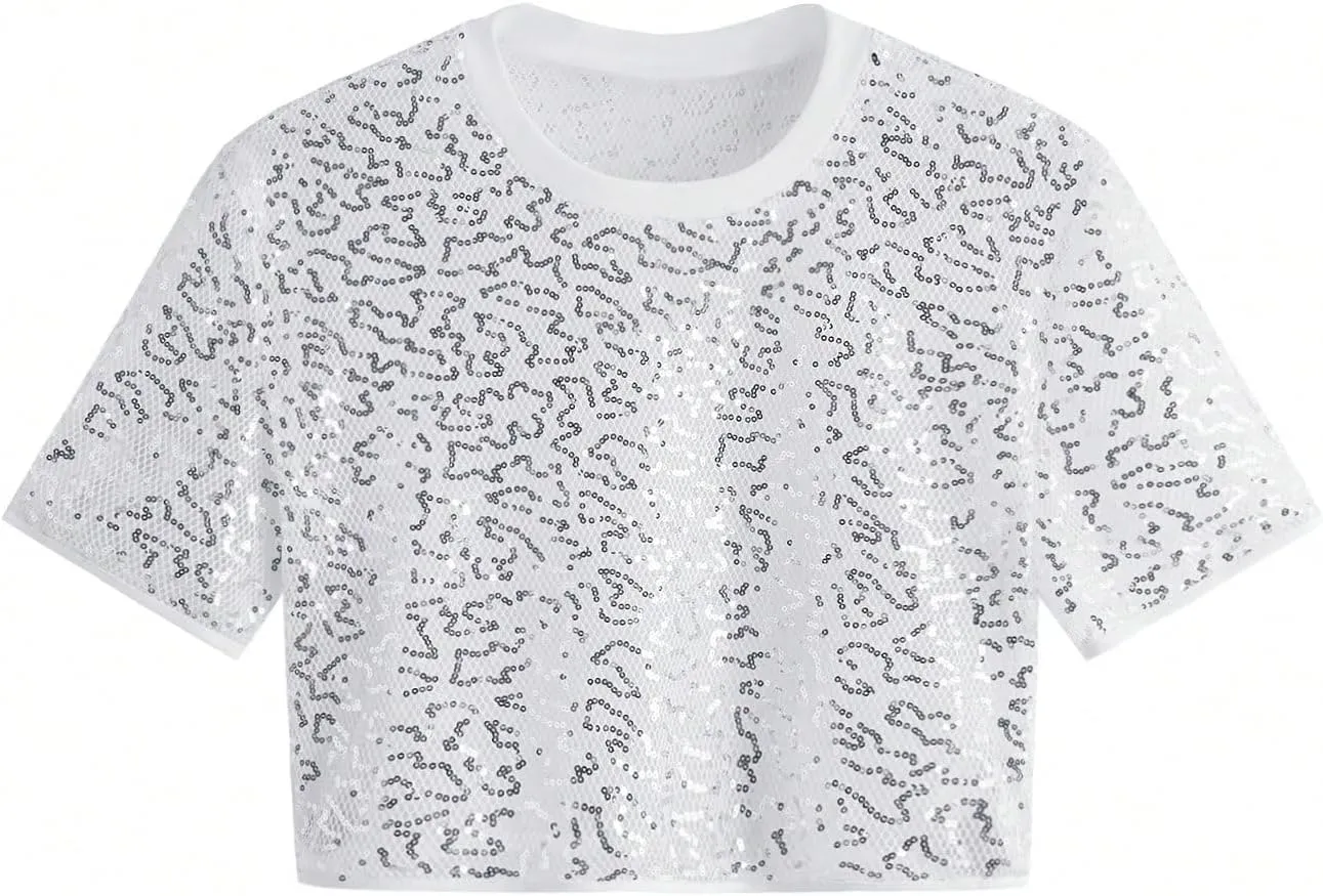 WDIRARA Men's Fishnet Mesh Tee Shirt Round Neck Short Sleeve Crop Top
