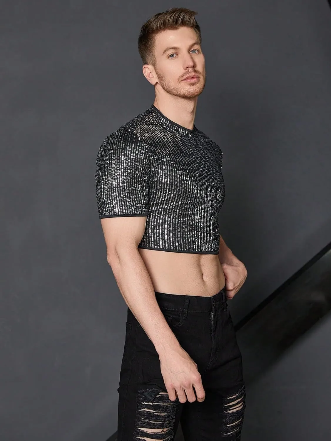 WDIRARA Men's Fishnet Mesh Tee Shirt Round Neck Short Sleeve Crop Top