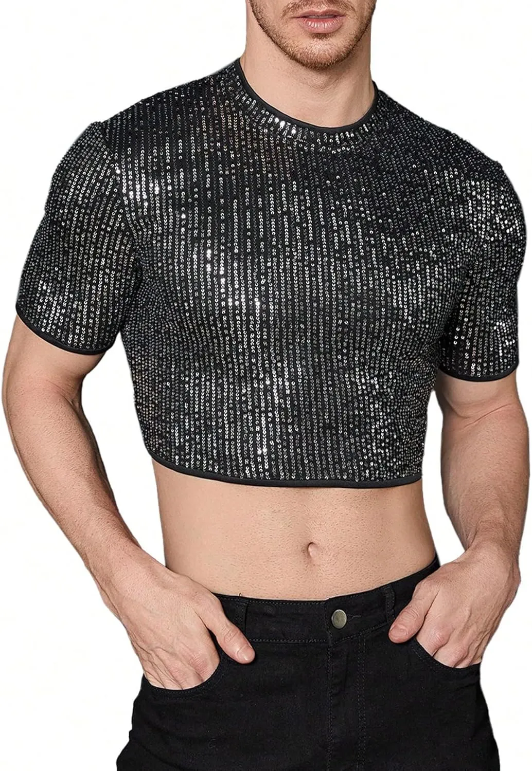 WDIRARA Men's Fishnet Mesh Tee Shirt Round Neck Short Sleeve Crop Top