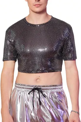 WDIRARA Men's Fishnet Mesh Tee Shirt Round Neck Short Sleeve Crop Top