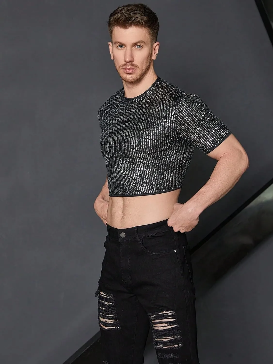 WDIRARA Men's Fishnet Mesh Tee Shirt Round Neck Short Sleeve Crop Top