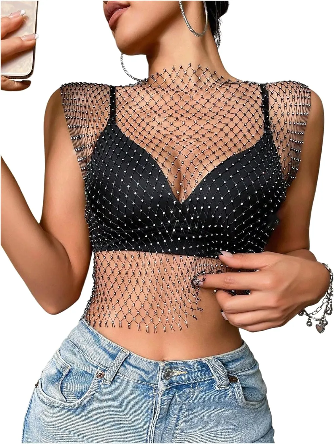 WDIRARA Women's Fishnet Mesh Sheer Shirts Glitter Rhinestone Sleeveless Crop Tank Tops