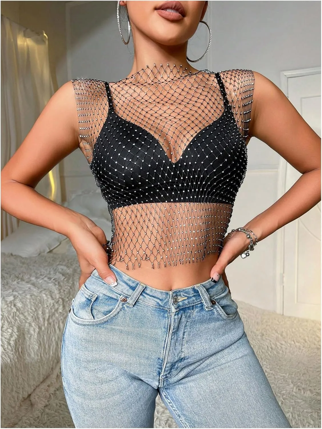 WDIRARA Women's Fishnet Mesh Sheer Shirts Glitter Rhinestone Sleeveless Crop Tank Tops