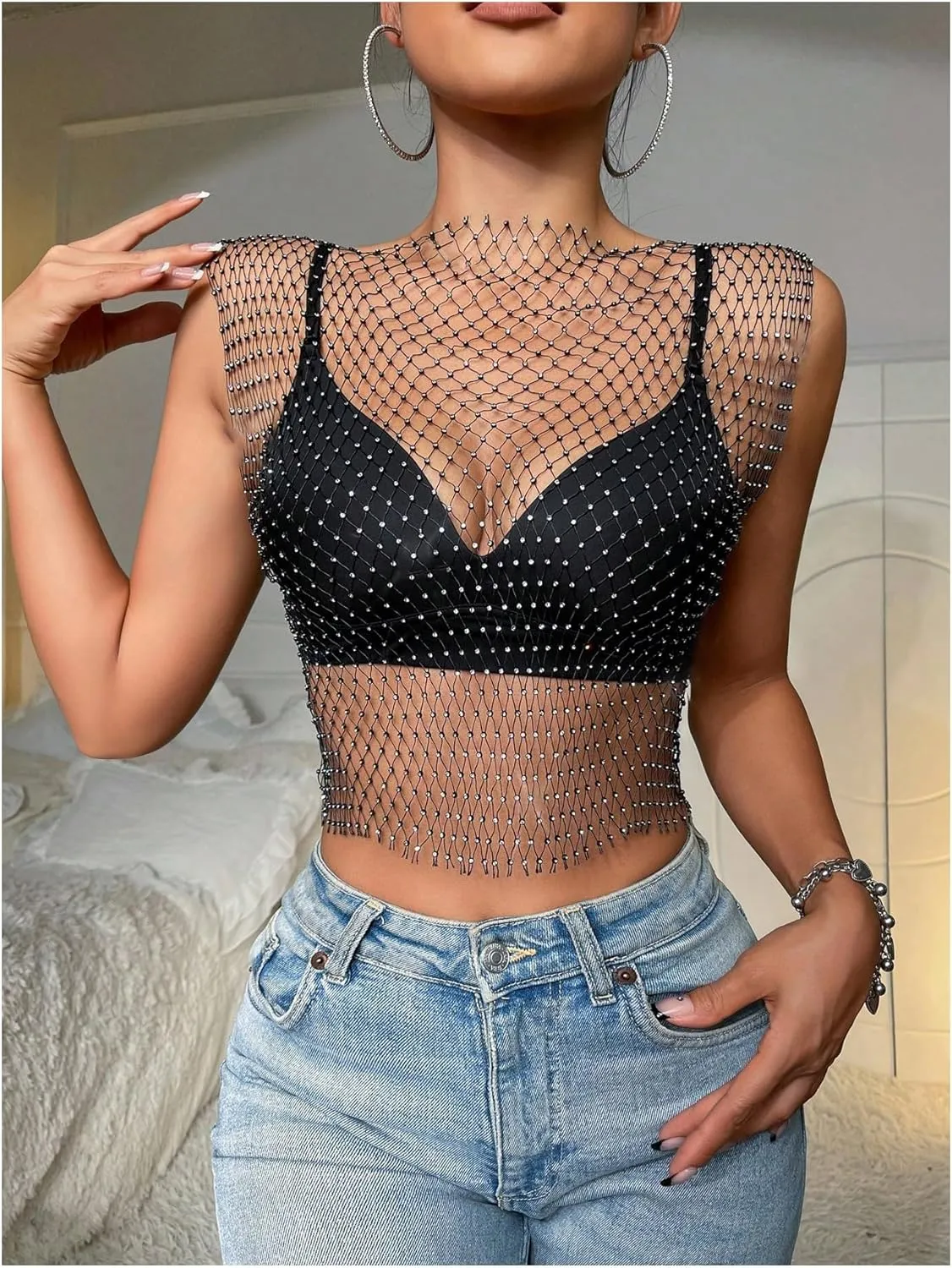 WDIRARA Women's Fishnet Mesh Sheer Shirts Glitter Rhinestone Sleeveless Crop Tank Tops