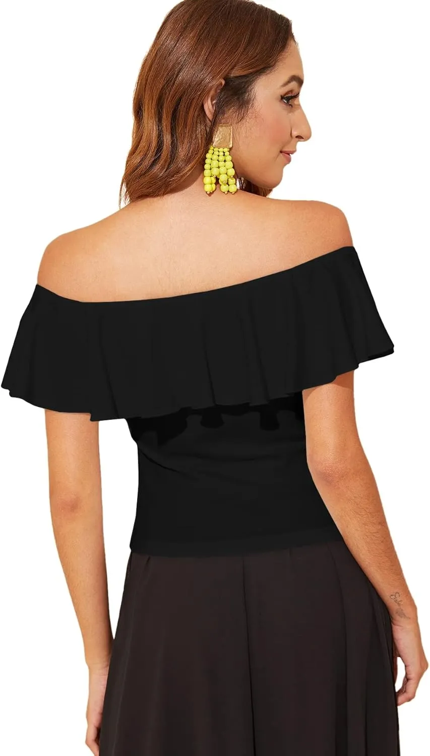 WDIRARA Women's Stretchy Off Shoulder Flounce Sleeve Sexy Slim Blouse Tops Shirt