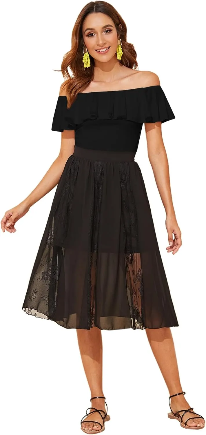 WDIRARA Women's Stretchy Off Shoulder Flounce Sleeve Sexy Slim Blouse Tops Shirt