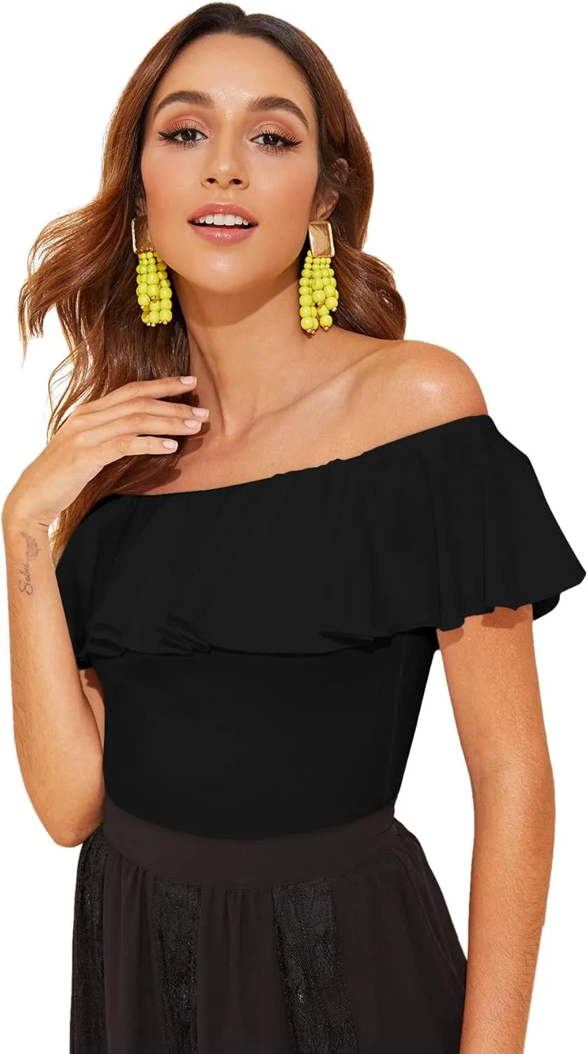 WDIRARA Women's Stretchy Off Shoulder Flounce Sleeve Sexy Slim Blouse Tops Shirt