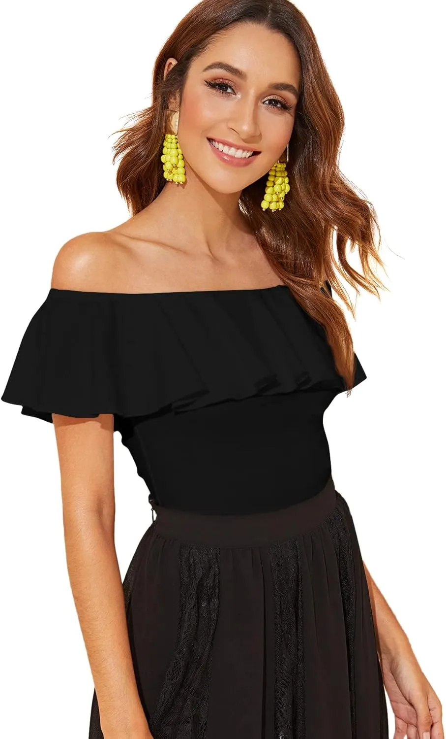 WDIRARA Women's Stretchy Off Shoulder Flounce Sleeve Sexy Slim Blouse Tops Shirt