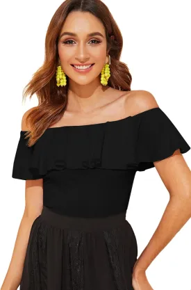WDIRARA Women's Stretchy Off Shoulder Flounce Sleeve Sexy Slim Blouse Tops Shirt