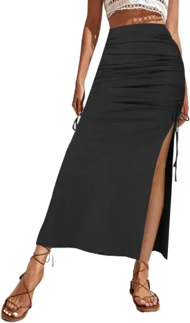 Women Boho Slit Midi Skirt Floral Elastic High Waisted Sexy Skirt