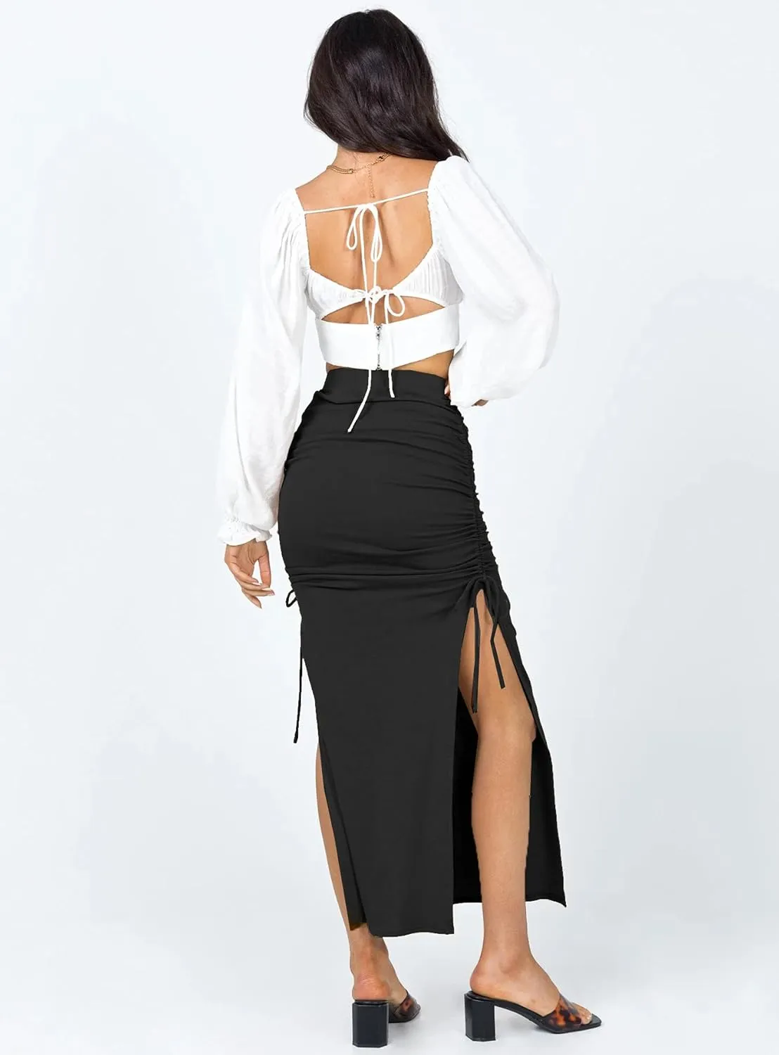Women Boho Slit Midi Skirt Floral Elastic High Waisted Sexy Skirt