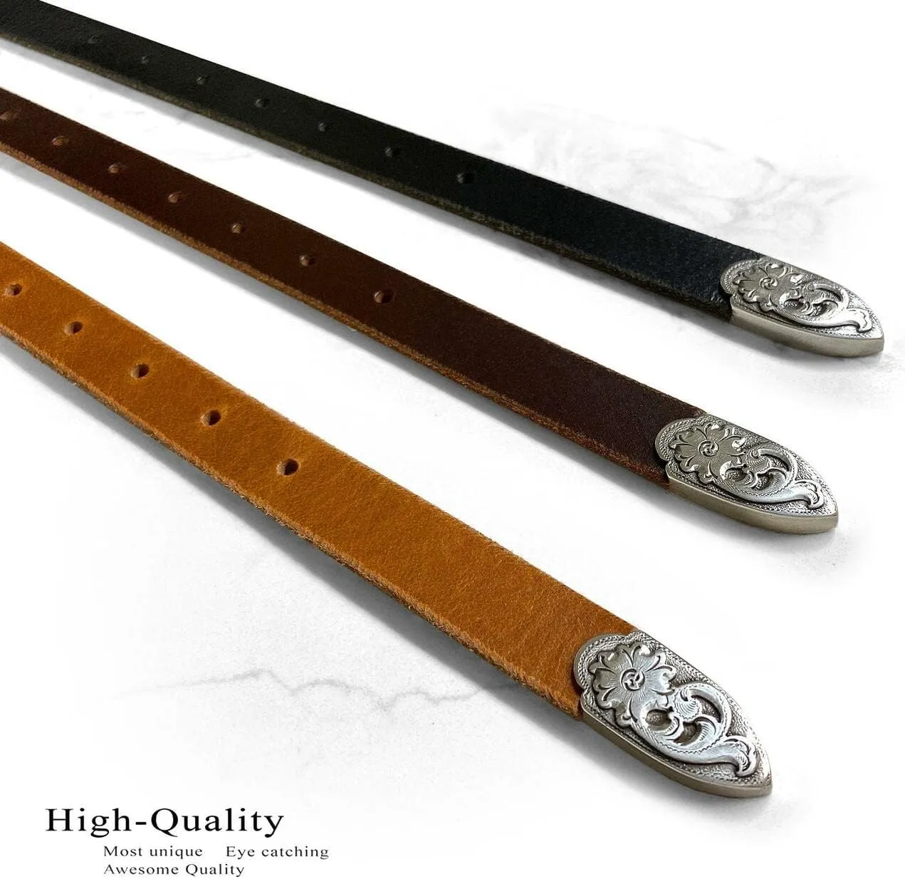 Women' Dress Belt Skinny Belt Ladies Waist Belt Genuine Full leather Belt 3/4" or 1" Wide, Multi-Style Options