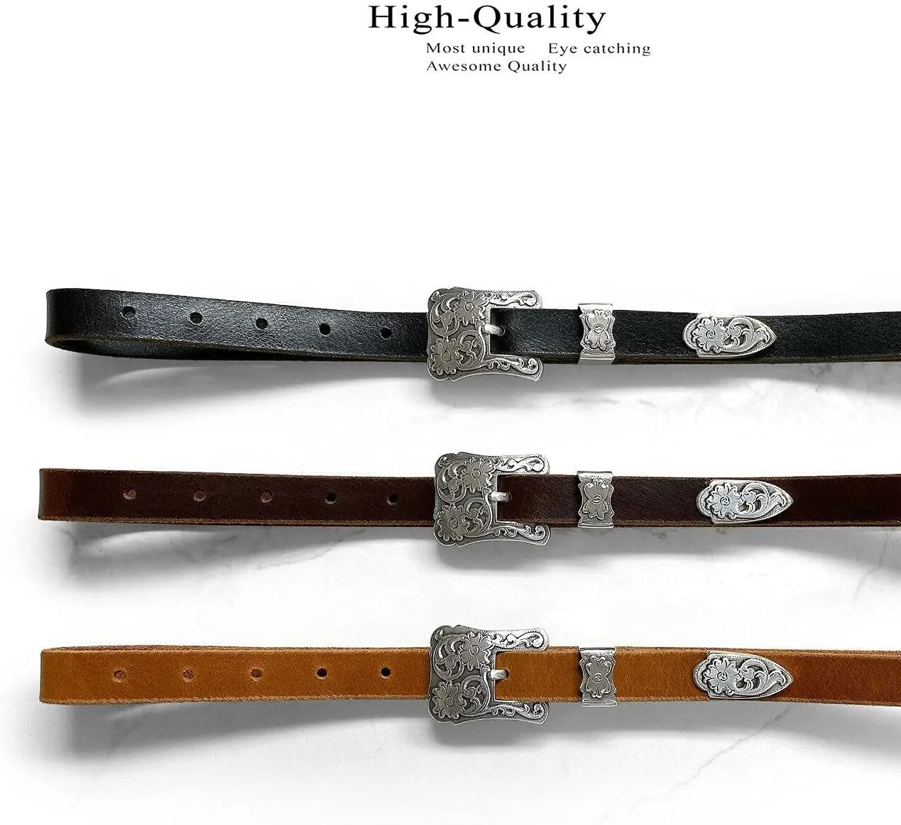 Women' Dress Belt Skinny Belt Ladies Waist Belt Genuine Full leather Belt 3/4" or 1" Wide, Multi-Style Options