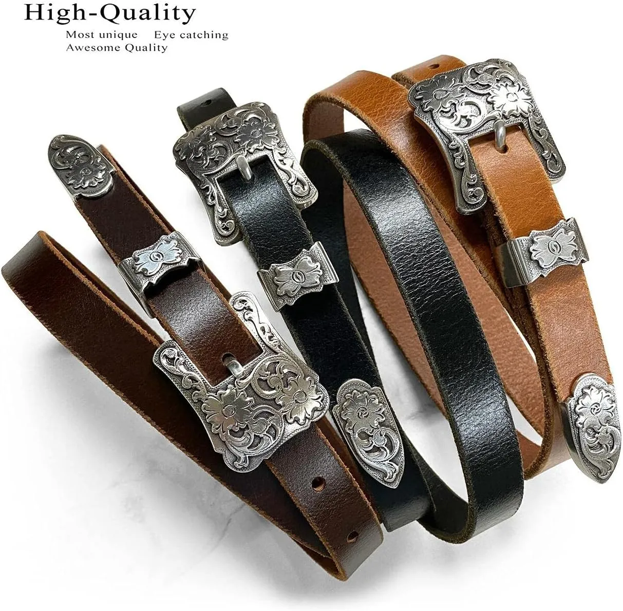 Women' Dress Belt Skinny Belt Ladies Waist Belt Genuine Full leather Belt 3/4" or 1" Wide, Multi-Style Options