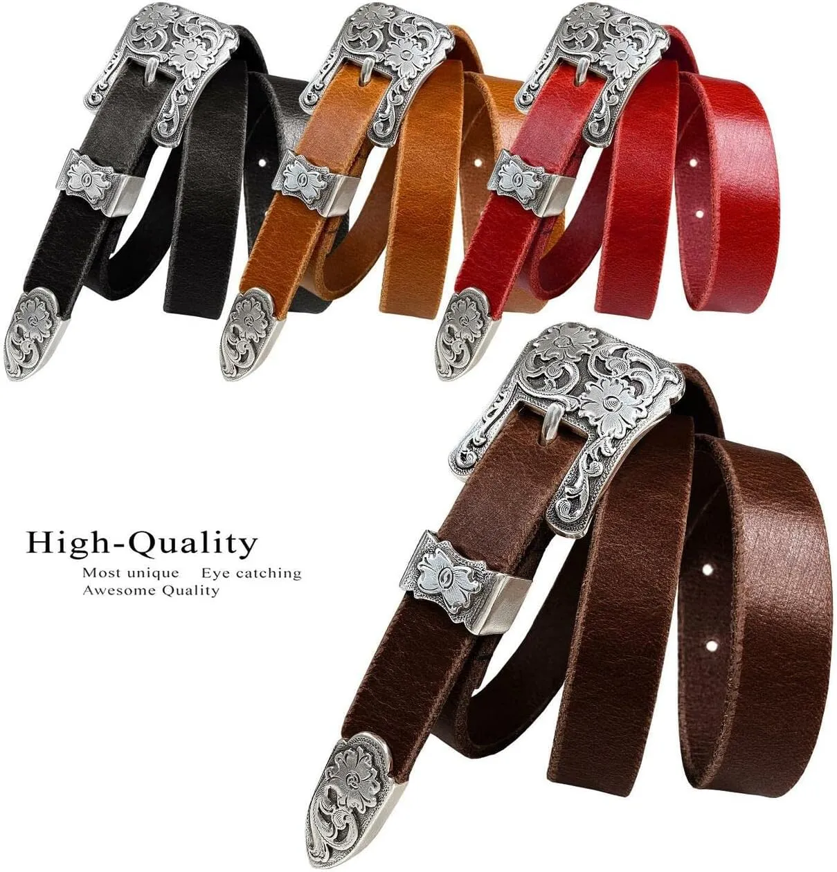 Women' Dress Belt Skinny Belt Ladies Waist Belt Genuine Full leather Belt 3/4" or 1" Wide, Multi-Style Options