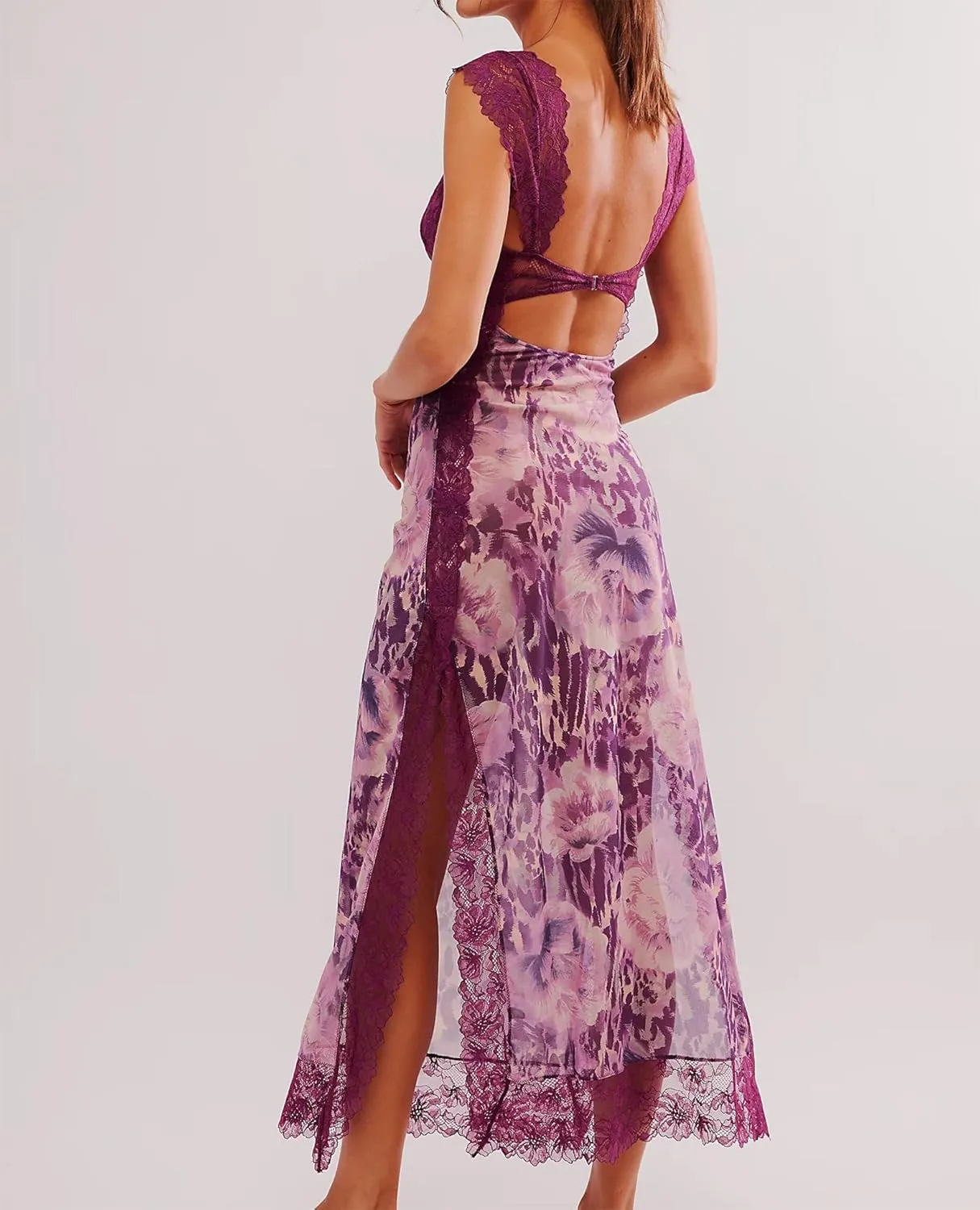 Women Sexy Lace Patchwork Mesh Dress Floral Print Cutout Sweetheart Neck Backless Slit Summer Maxi Dress