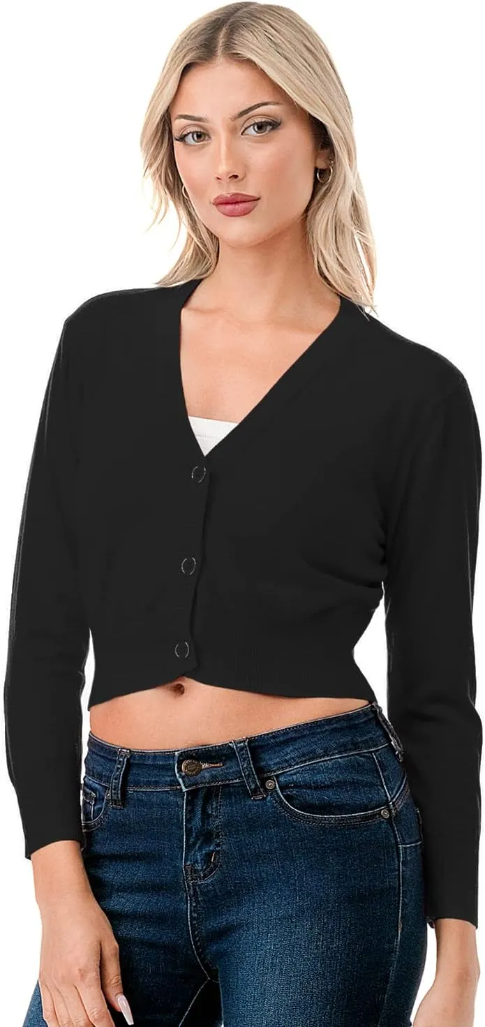 Women's 3/4 Sleeve Soft Open Front Cropped Sweater Cardigan (S-XXL)